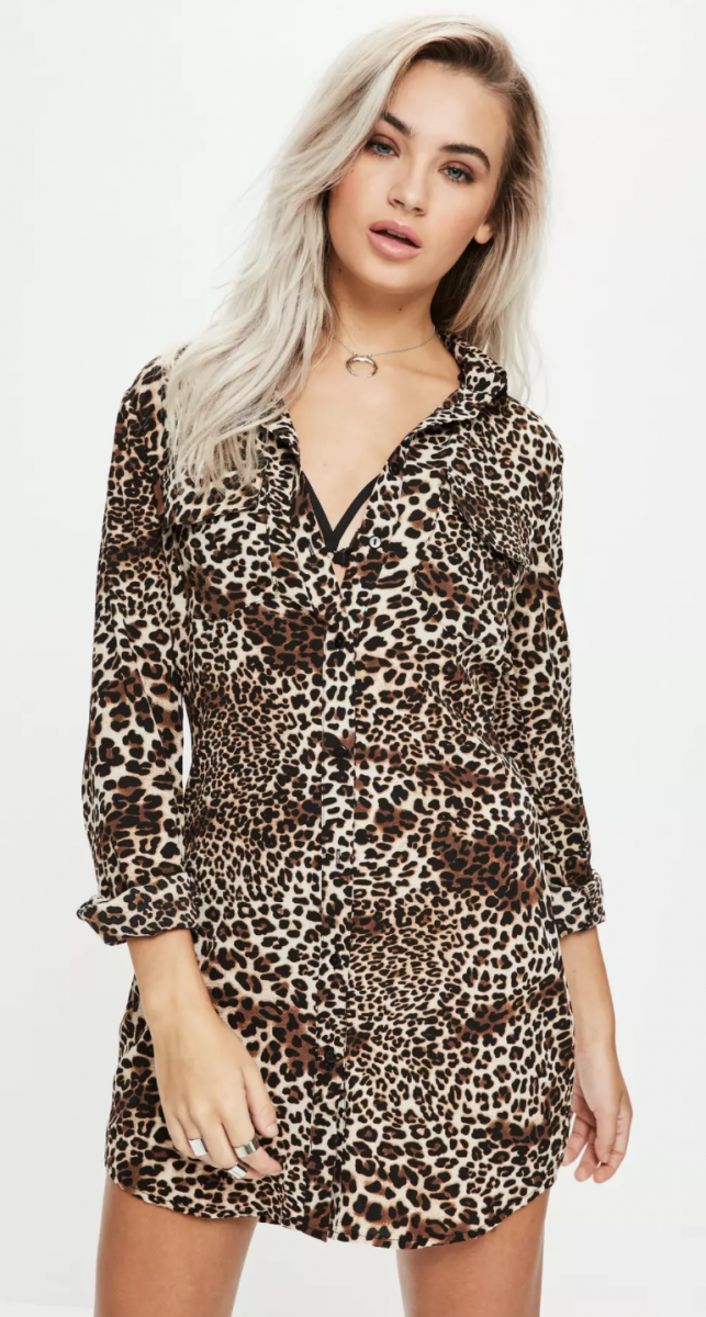 Missguided Brown Leopard Print Long Sleeve Shirt Dress